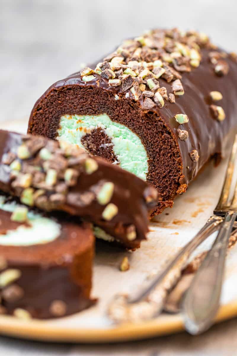 side of mint chocolate swiss roll