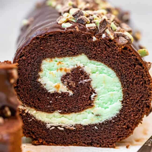 up close inside of swiss roll with mint chocolate