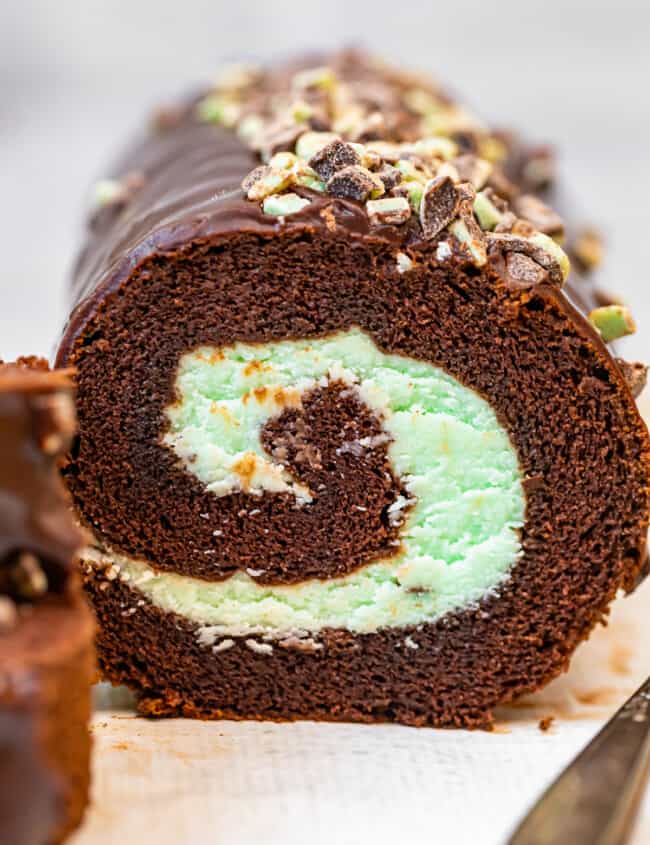 up close inside of swiss roll with mint chocolate