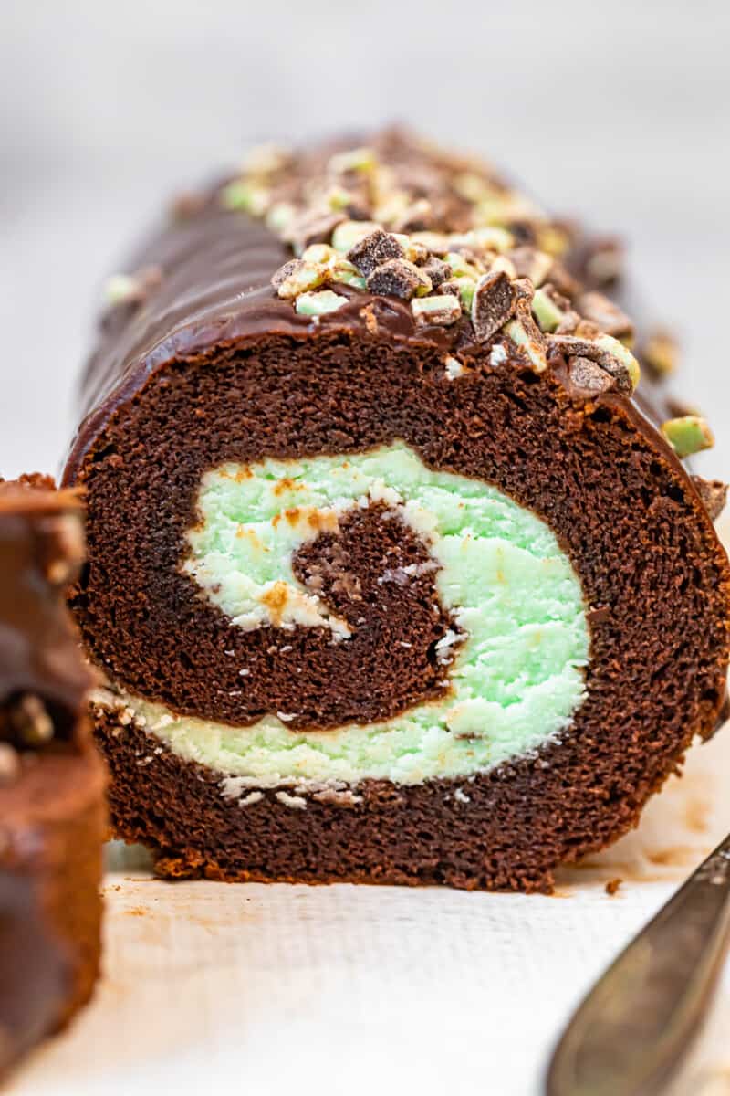 up close inside of swiss roll with mint chocolate