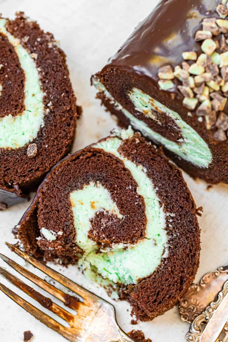 mint chocolate swiss roll sliced