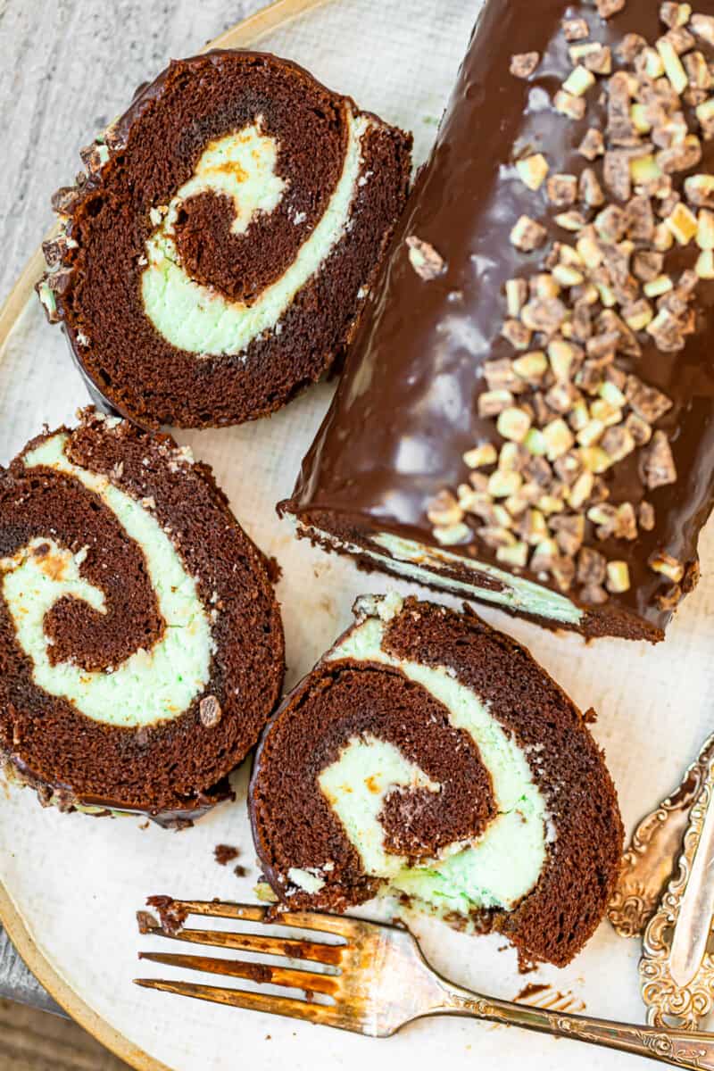 mint chocolate swiss roll sliced