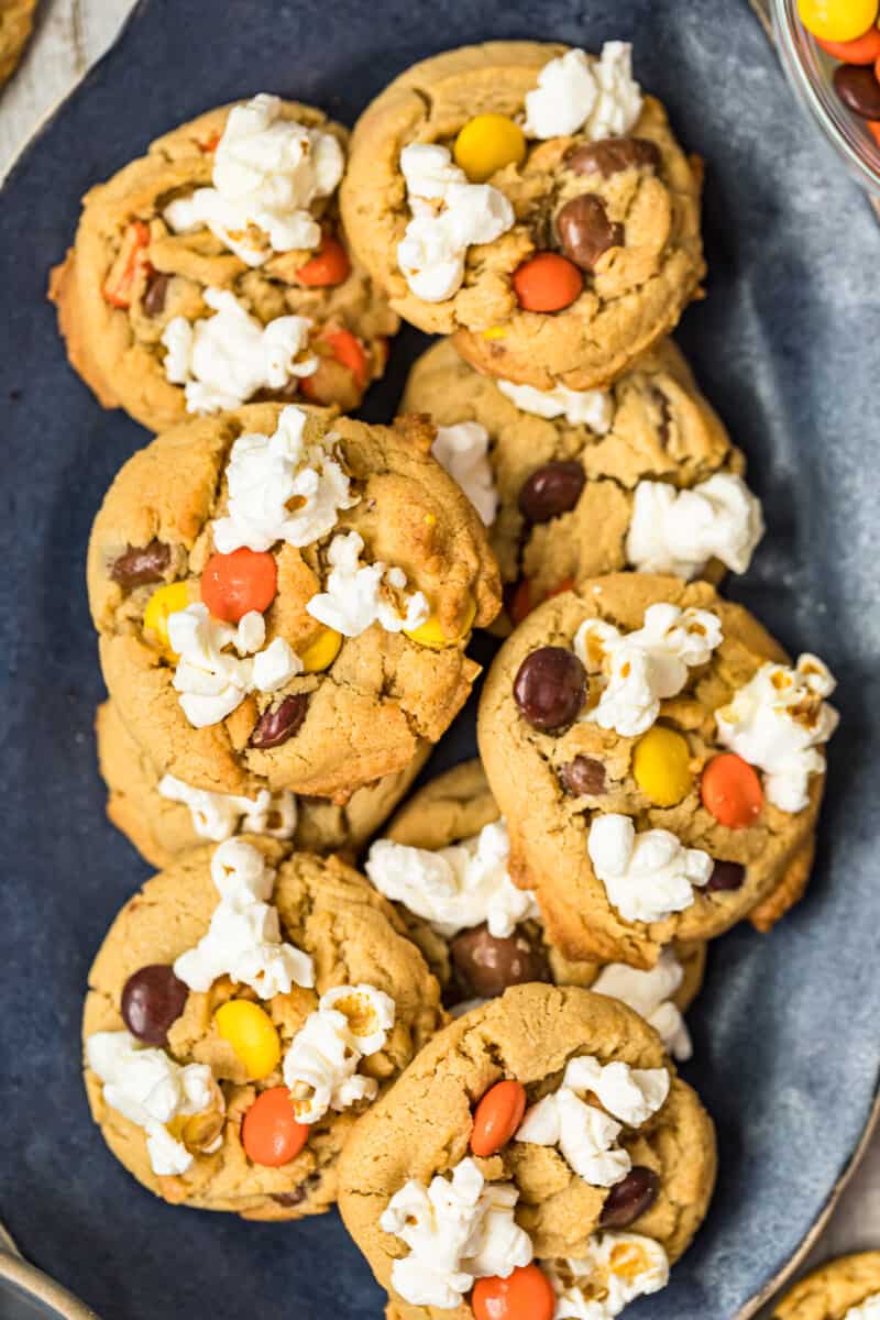 up close image of movie night cookies with popcorn and reese's pieces