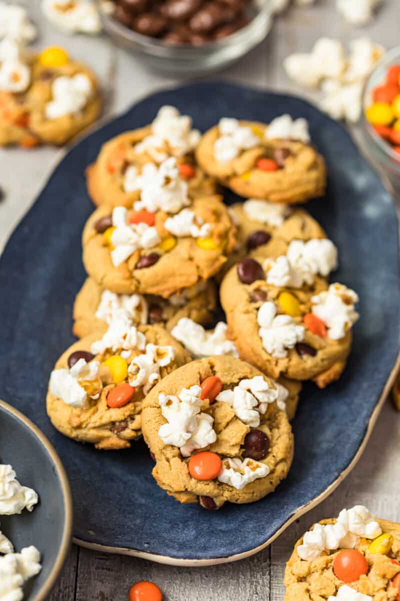 up close image of movie night cookies with popcorn and reese's pieces