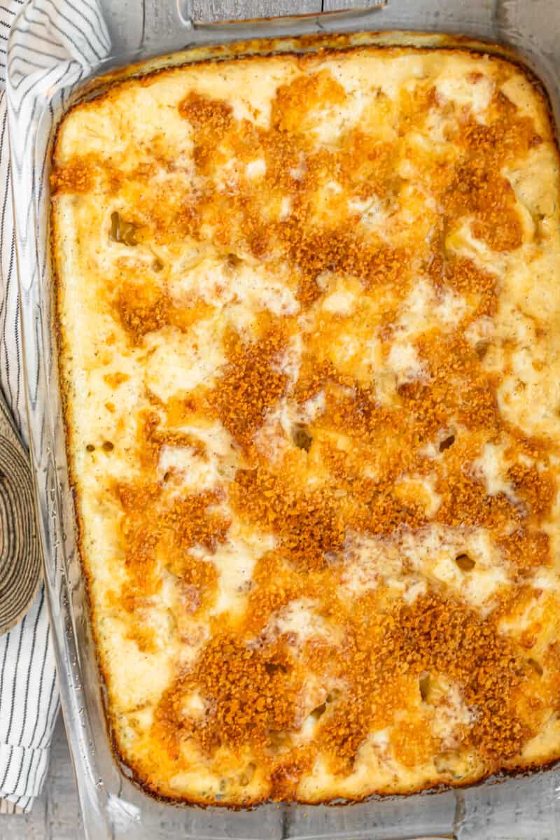 parmesan creamed potatoes with topping in pan