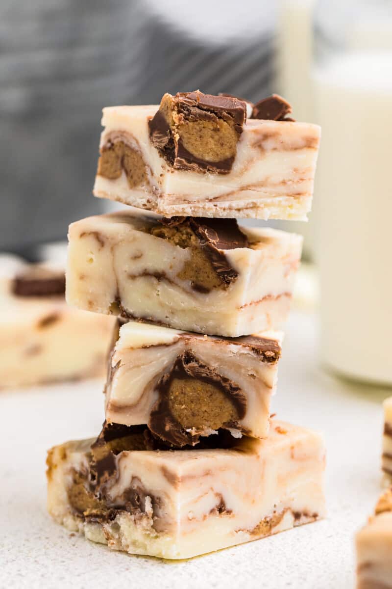 4 pieces of peanut butter cup fudge stacked