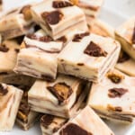 sliced and stacked peanut butter cup fudge