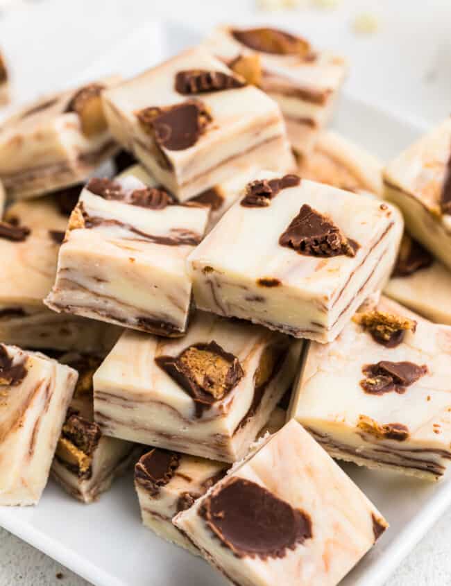 sliced and stacked peanut butter cup fudge