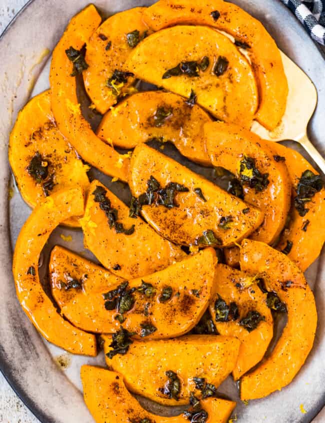 up close roasted butternut squash with sage
