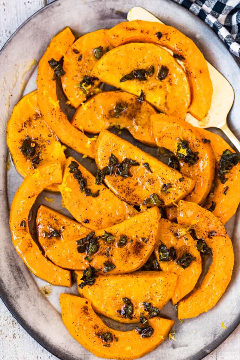 up close roasted butternut squash with sage