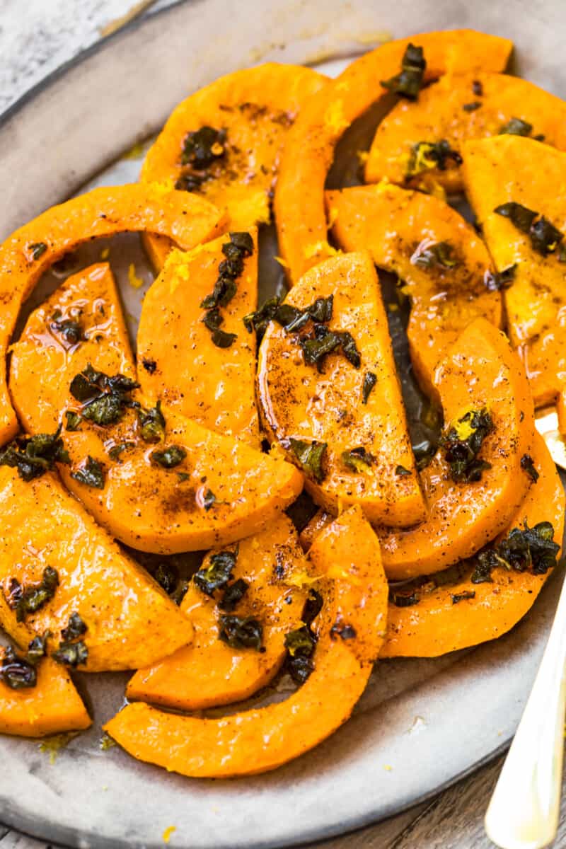 up close roasted butternut squash with sage