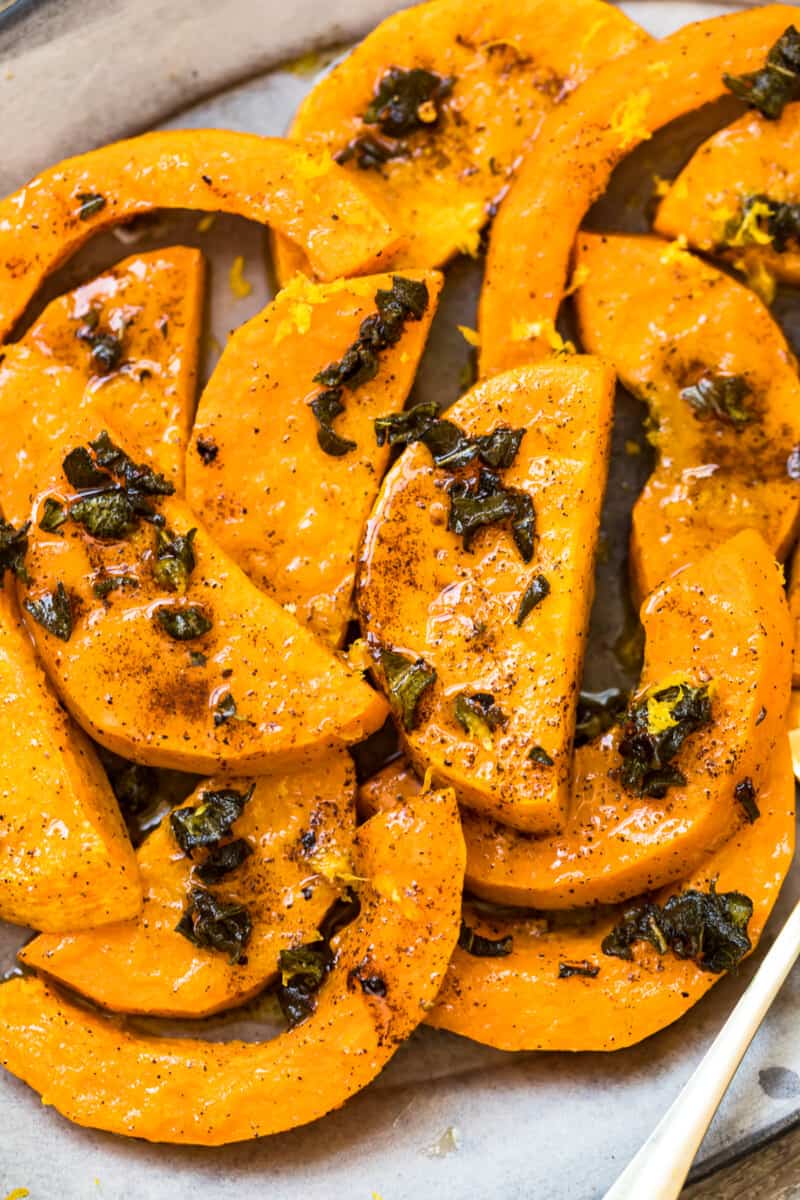 up close roasted butternut squash with sage