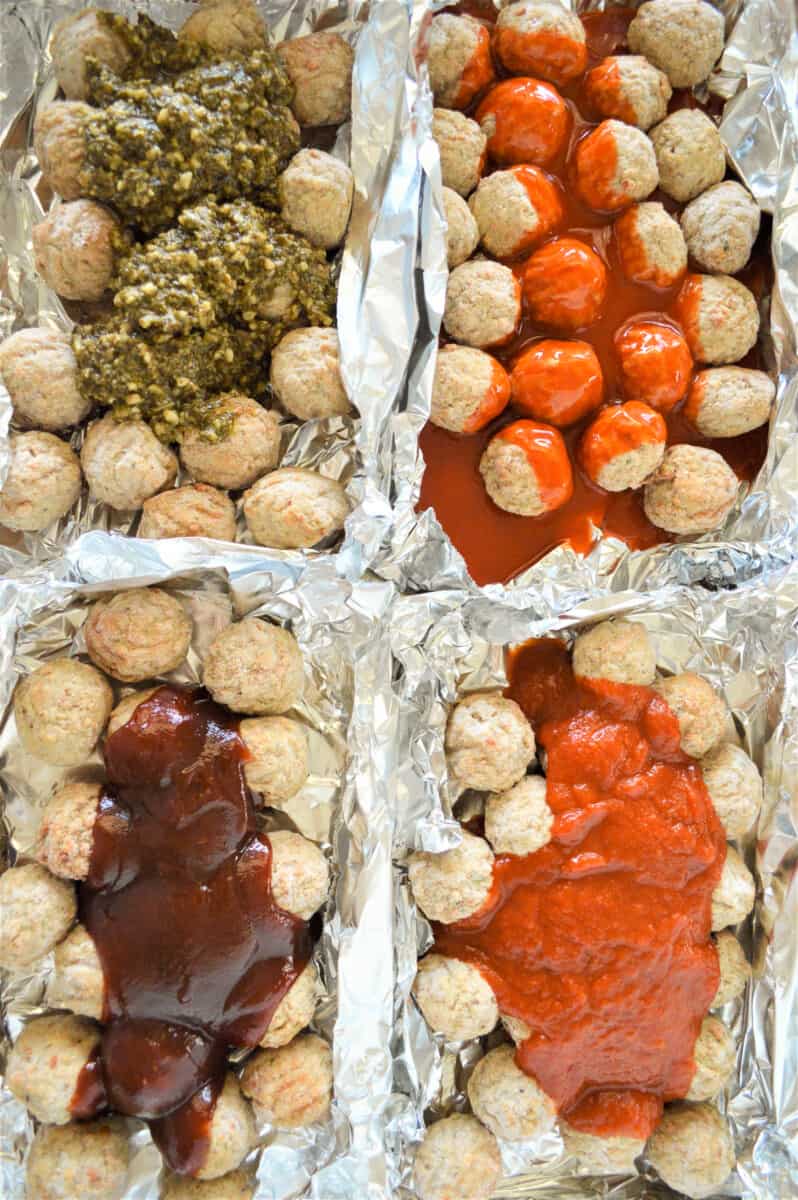 sheet pan party meatballs with different sauces