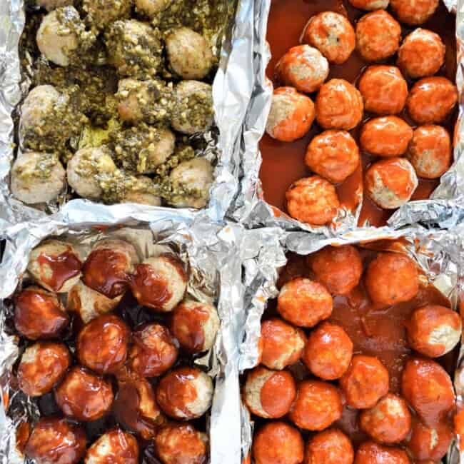 sheet pan party meatballs with different sauces