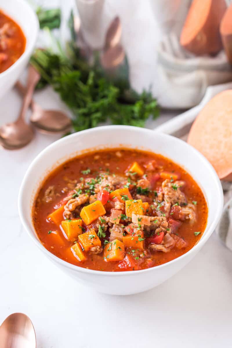 white bowl of sweet potato chili