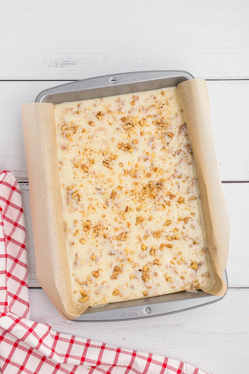 white chocolate rum fudge in dish
