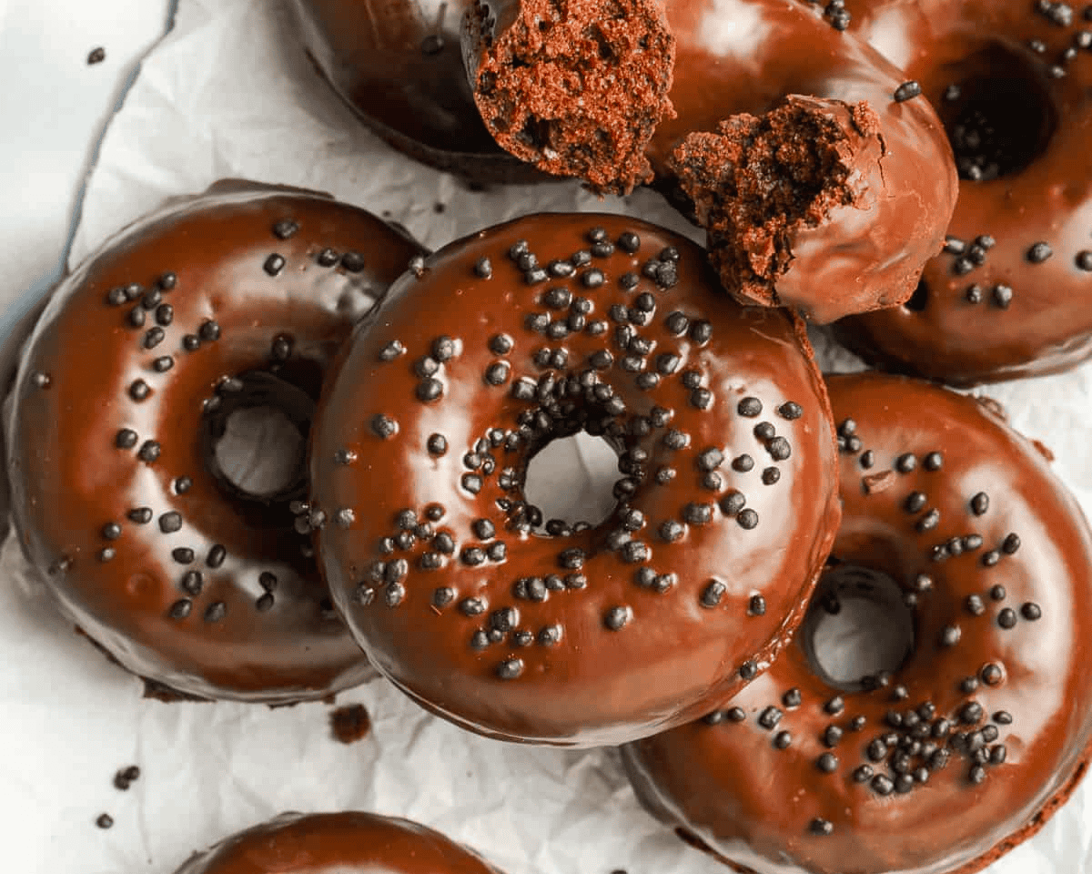 Chocolate glazed chocolate donuts with chocolate sprinkles with one donut with a bit taken out of it. 