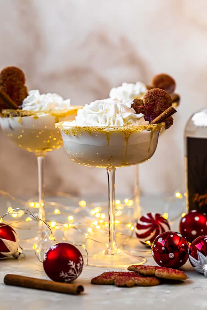 3 gingerbread martinis with christmas decorations