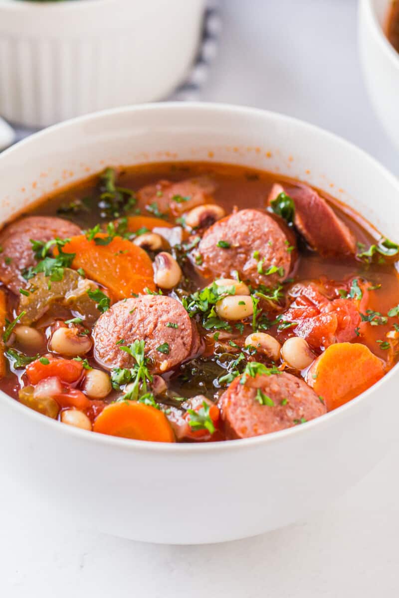 black eyed pea soup in white bowl