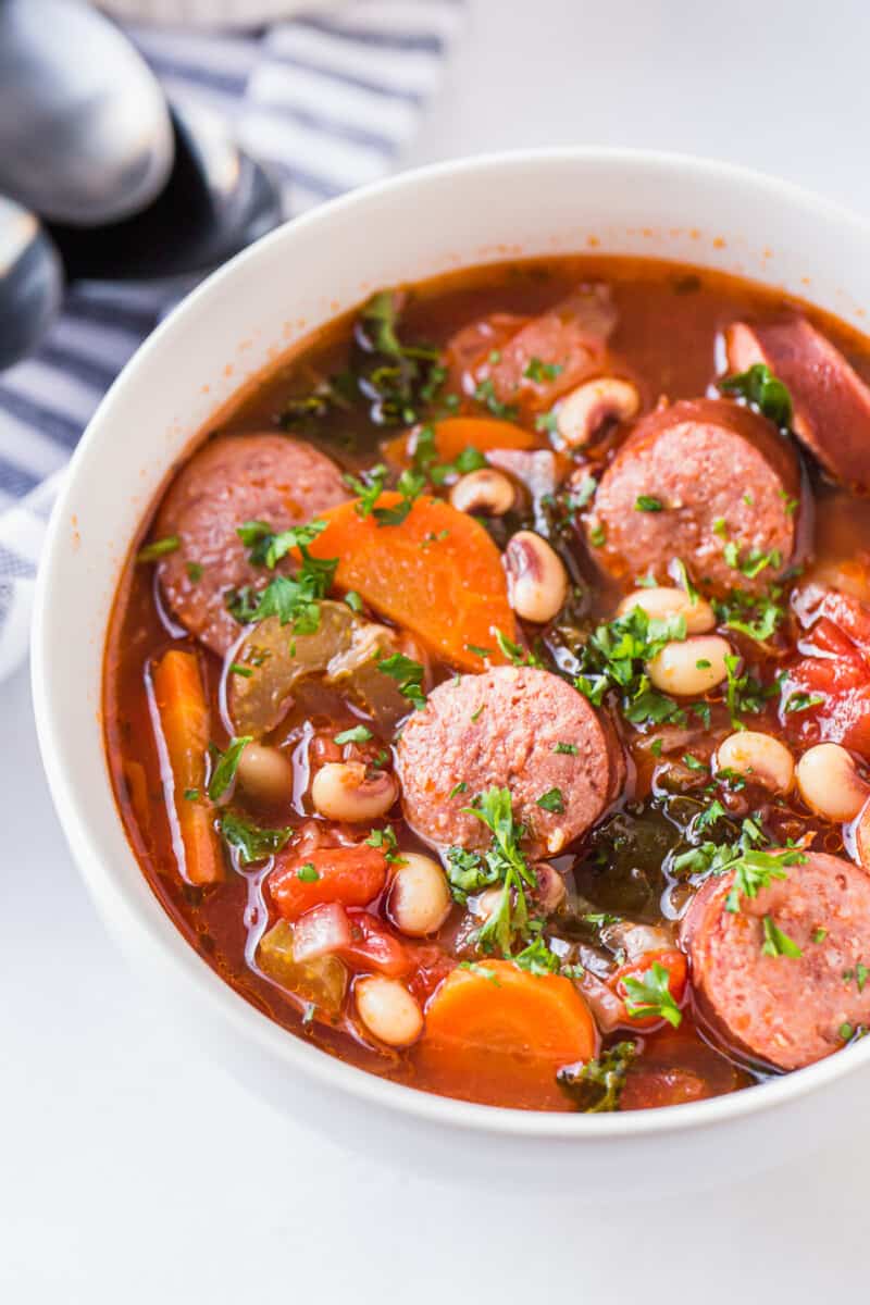 black eyed pea soup in white bowl