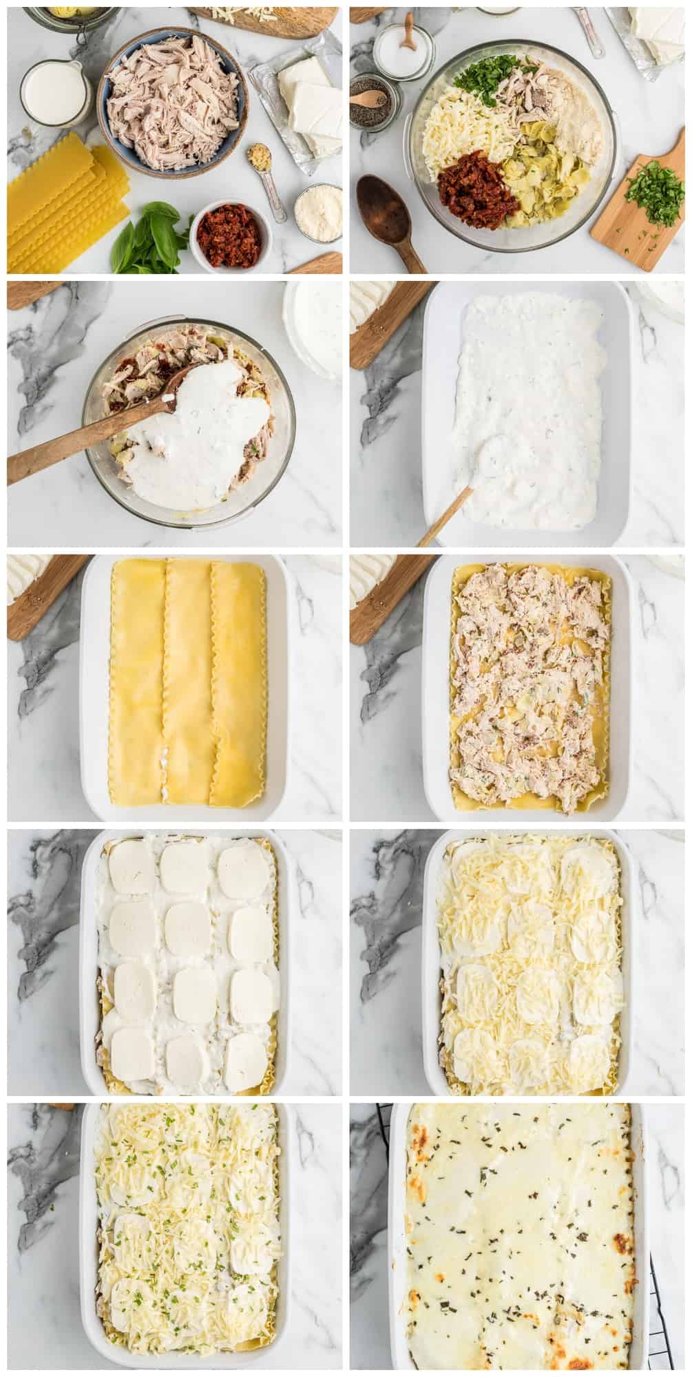 white chicken lasagna step by step process shots