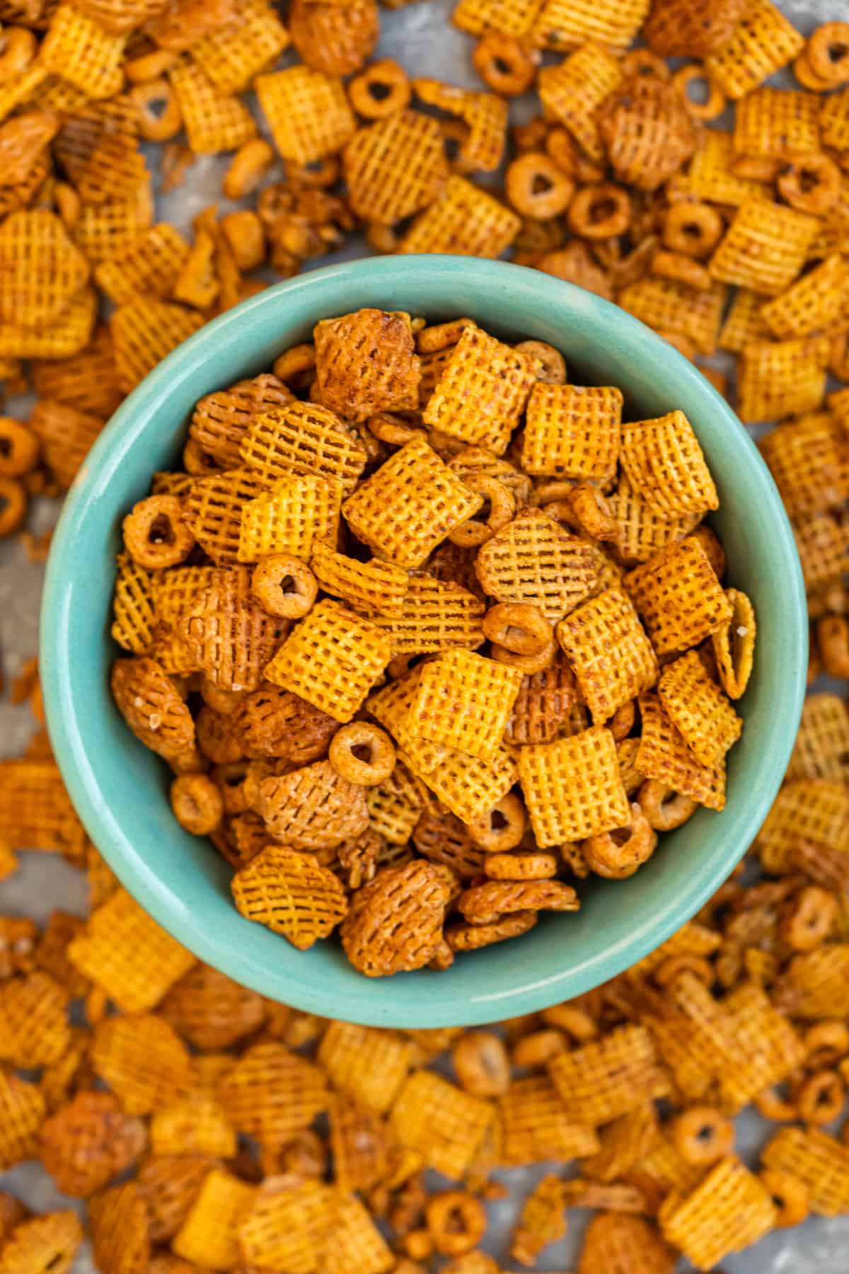 BBQ chex mix in green bowl