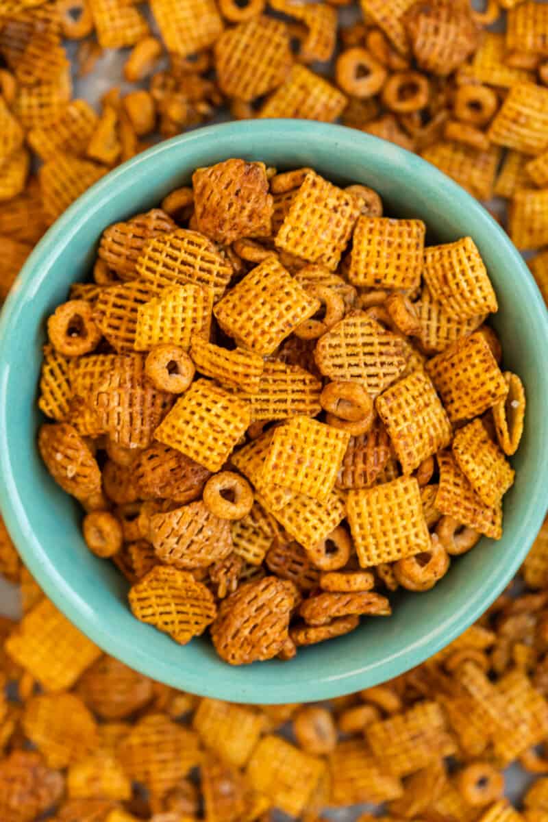 BBQ snack mix in green bowl