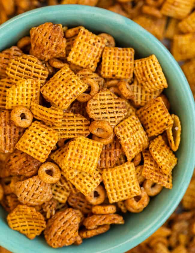 BBQ Chex Mix in bowl on table