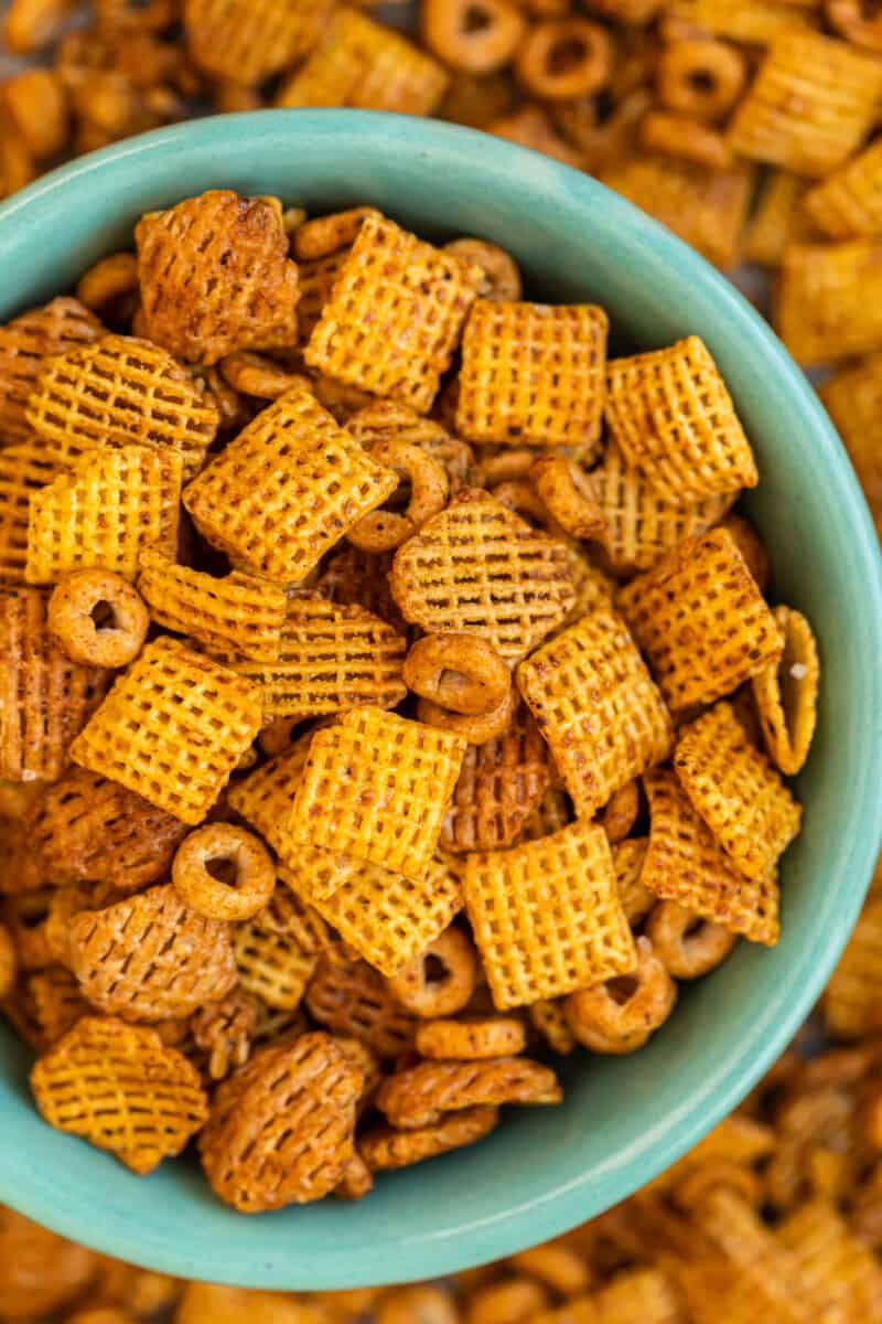 BBQ Chex Mix in bowl on table