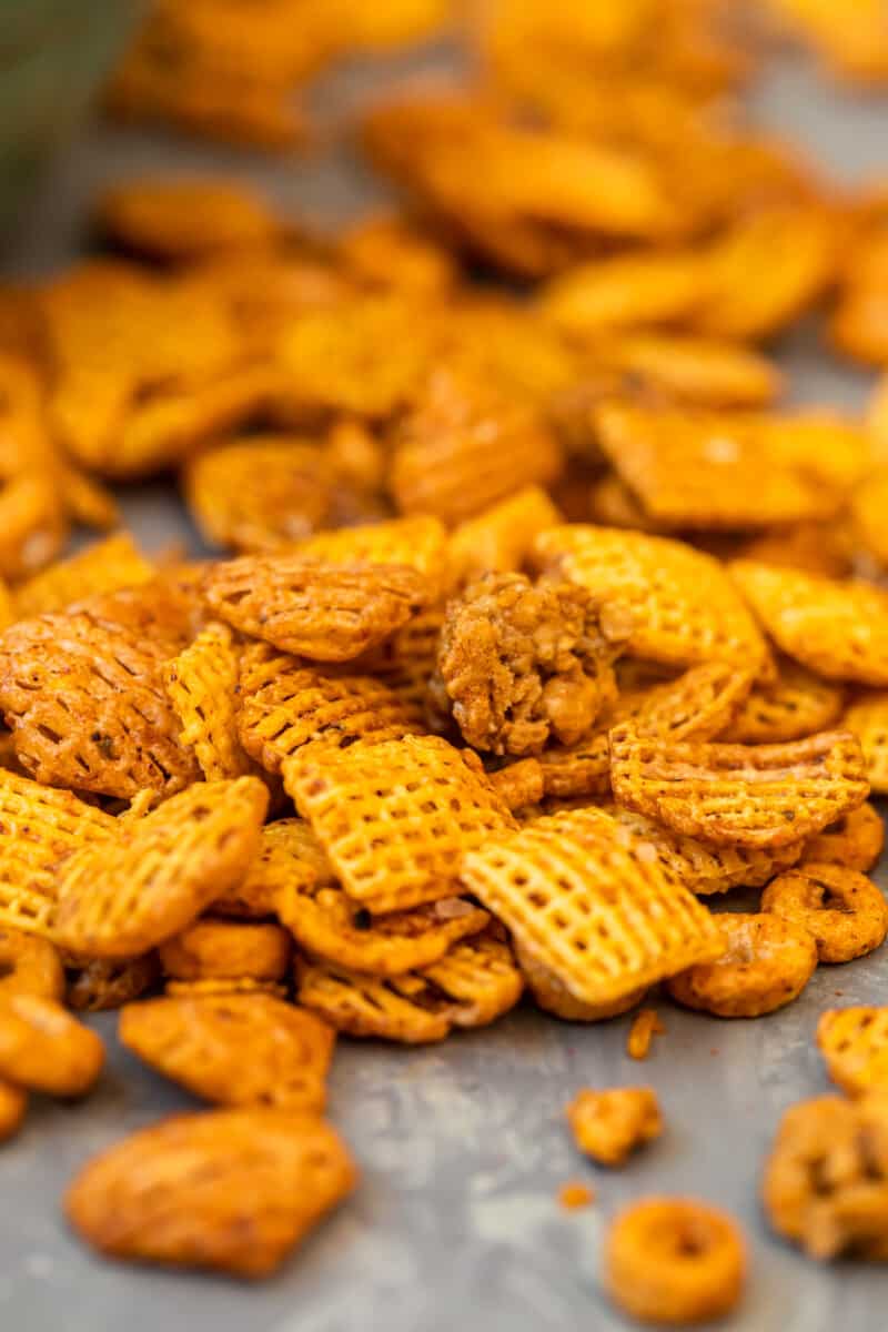 BBQ Chex Snack Mix spread out on table