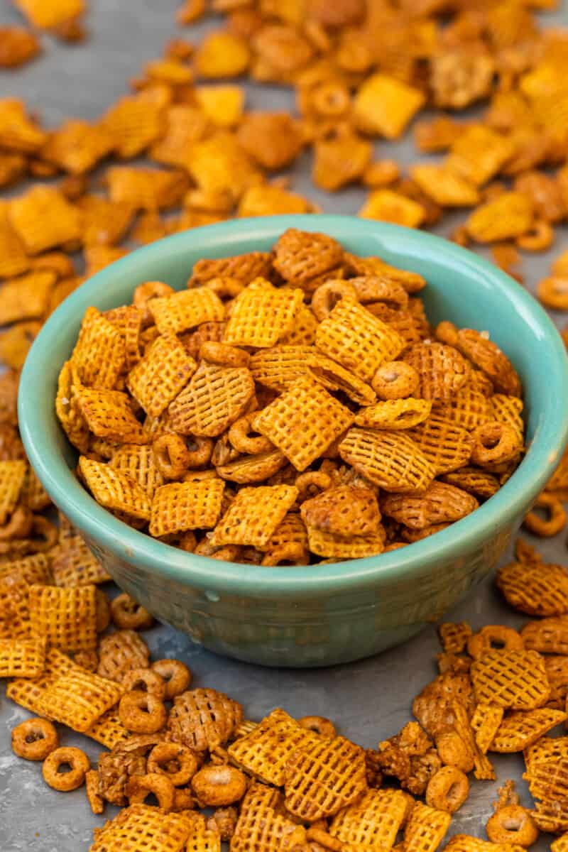 BBQ Chex Mix in bowl on table