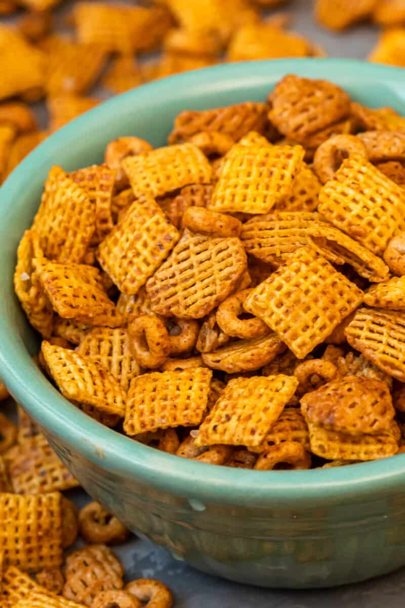 BBQ Chex Mix in bowl on table