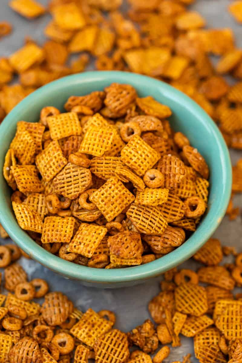 BBQ Chex Mix in bowl on table