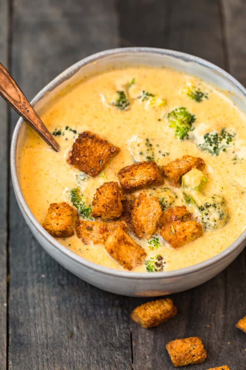 Broccoli cheese soup with croutons.