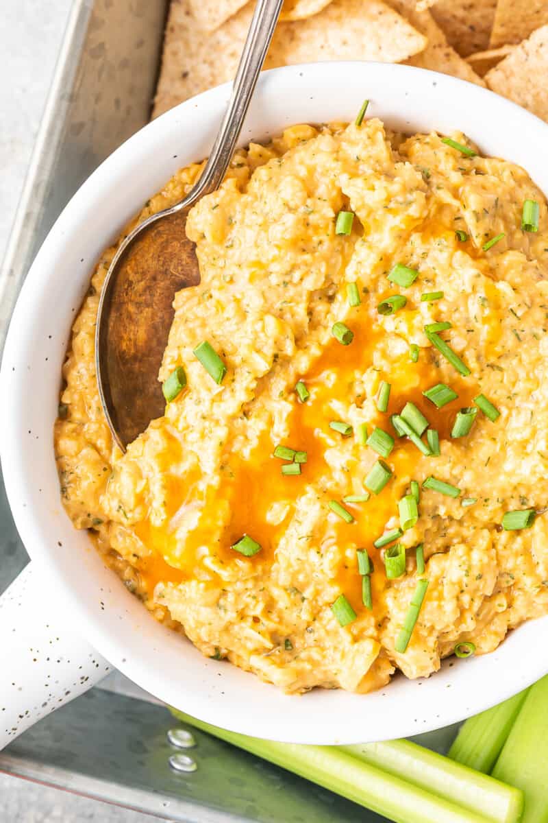 Vegan buffalo chicken dip in bowl.
