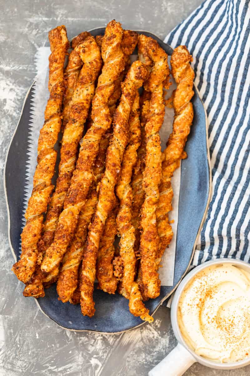 twisted cheese straws on platter