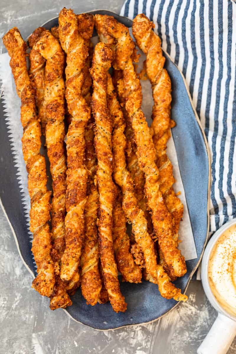 twisted cheese straws on platter