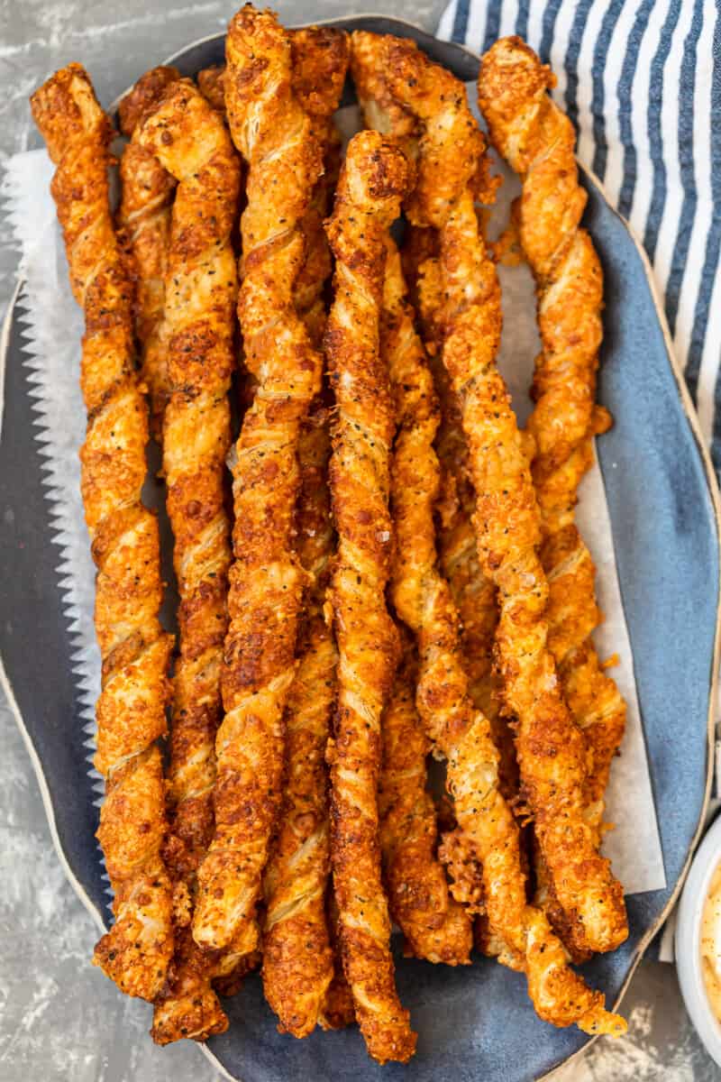 twisted cheese straws on platter