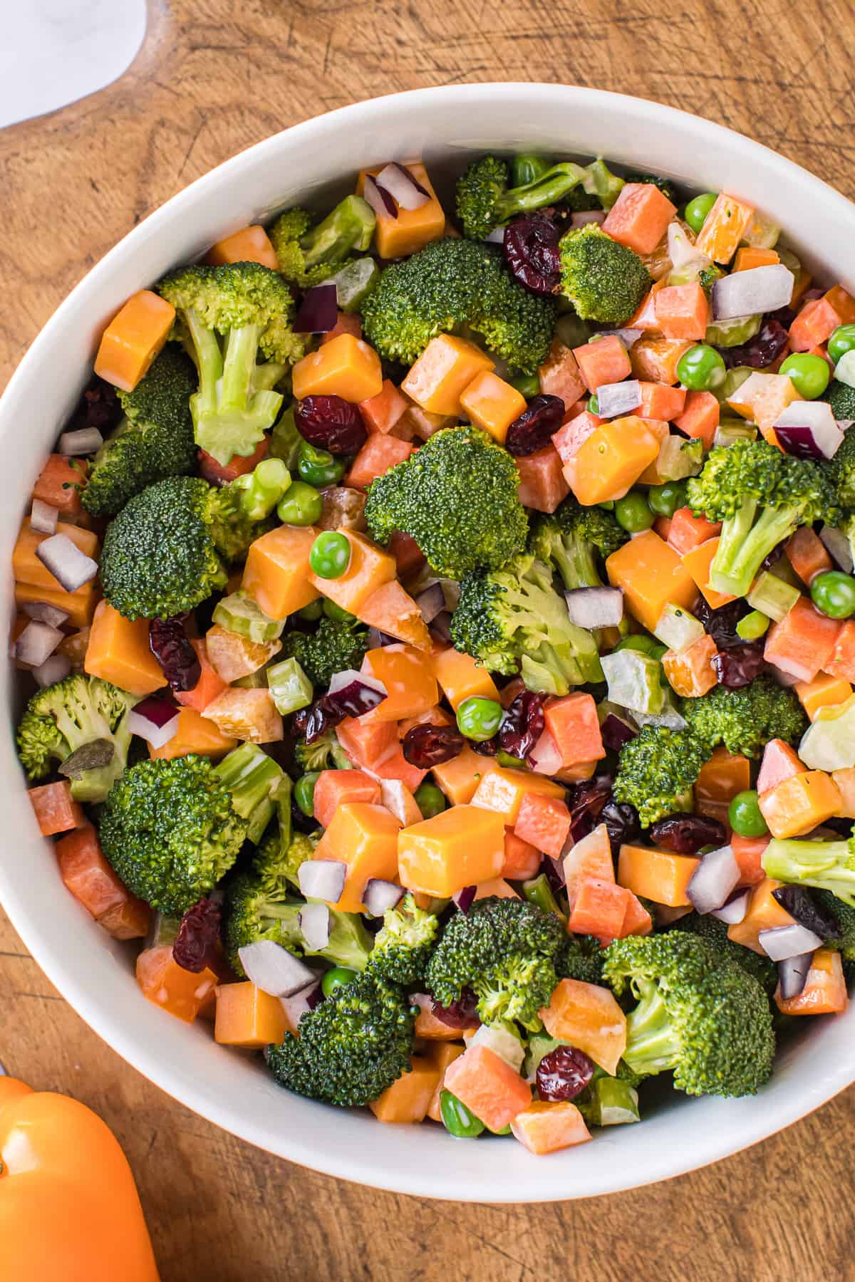 large bowl with cheesy broccoli salad