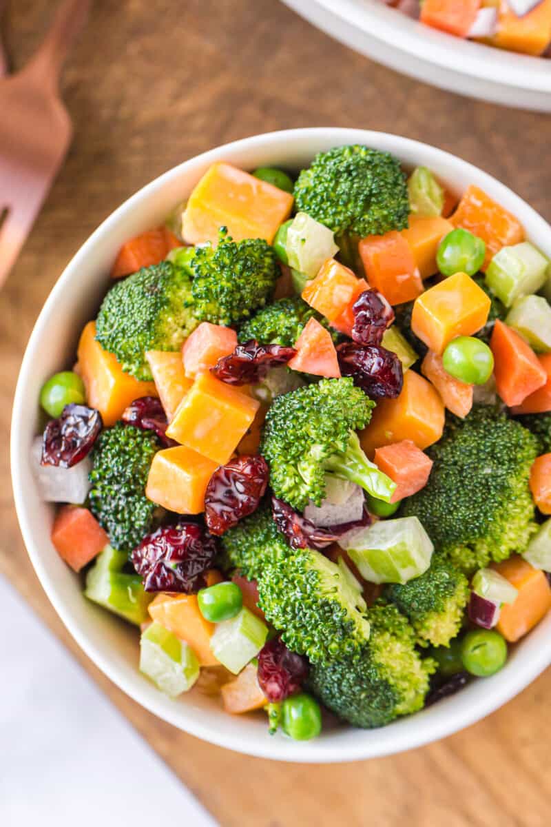 bowl with cheesy broccoli salad