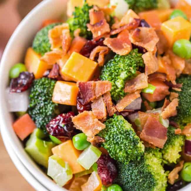 cheesy broccoli salad with bacon in bowl