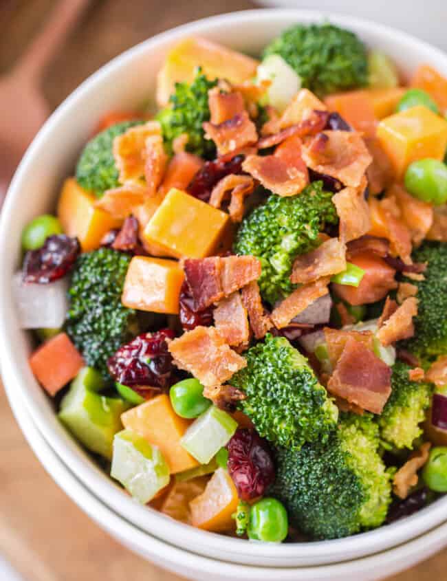 cheesy broccoli salad with bacon in bowl