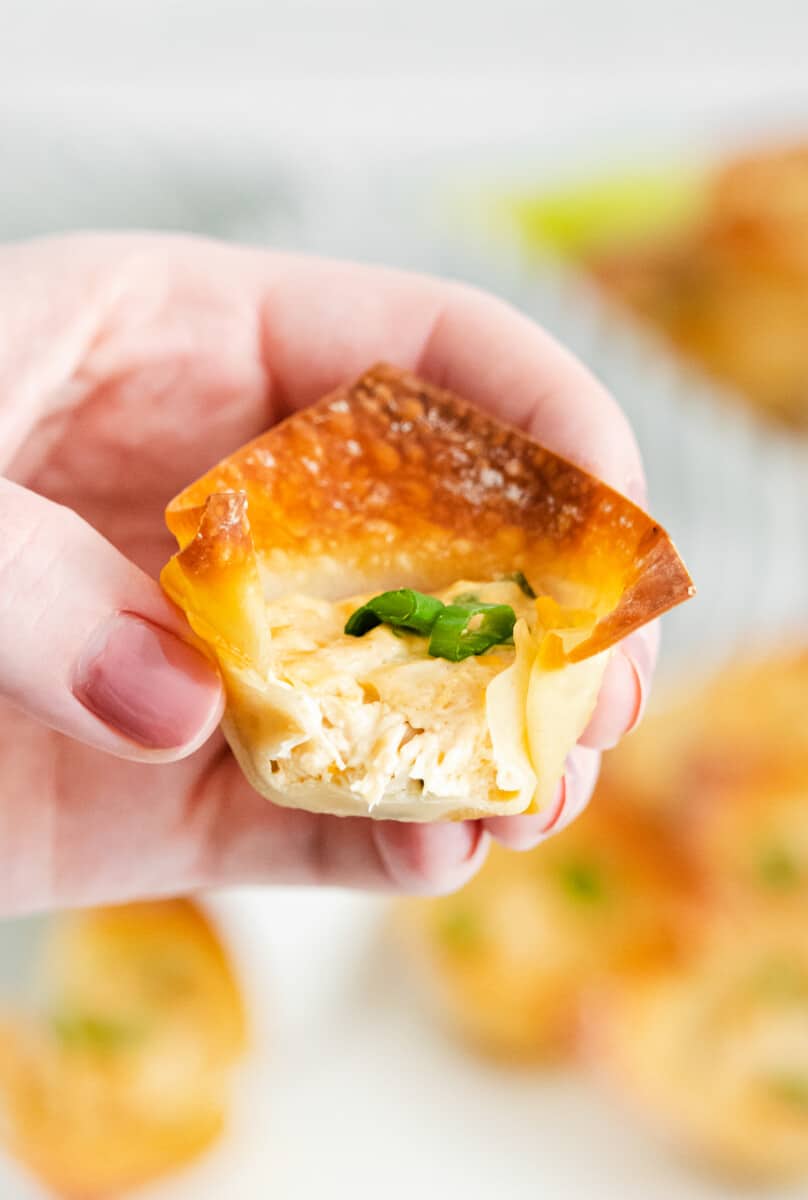 Inside of baked crab rangoon cup.