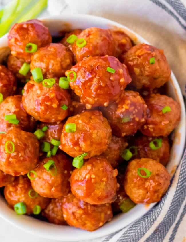 up close bowl of crockpot honey garlic meatballs