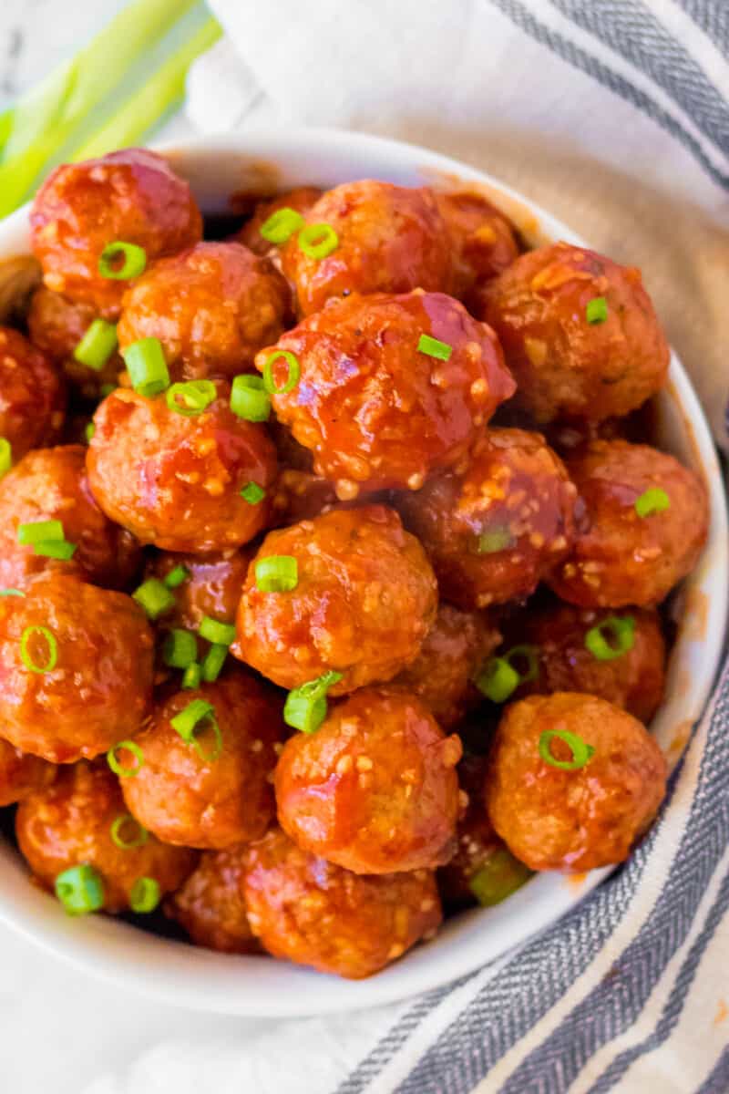 up close bowl of crockpot honey garlic meatballs