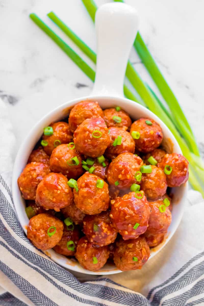 bowl of crockpot honey garlic meatballs