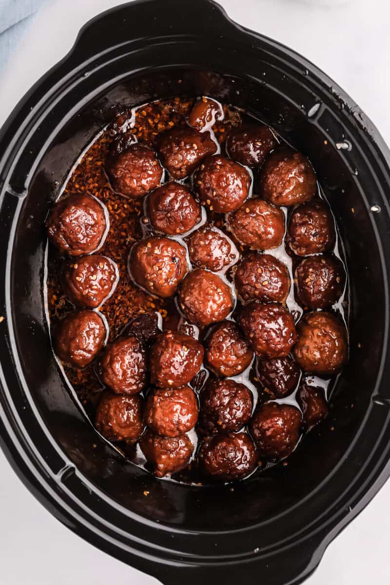 Crockpot of teriyaki meatballs.