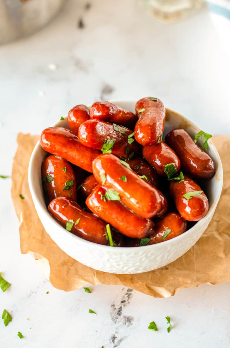 Bowl of little sausages.