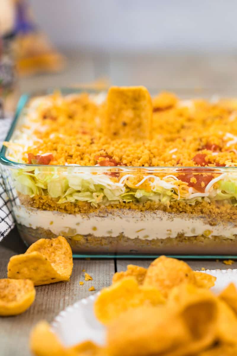 Fritos mexican layer dip in a casserole dip.