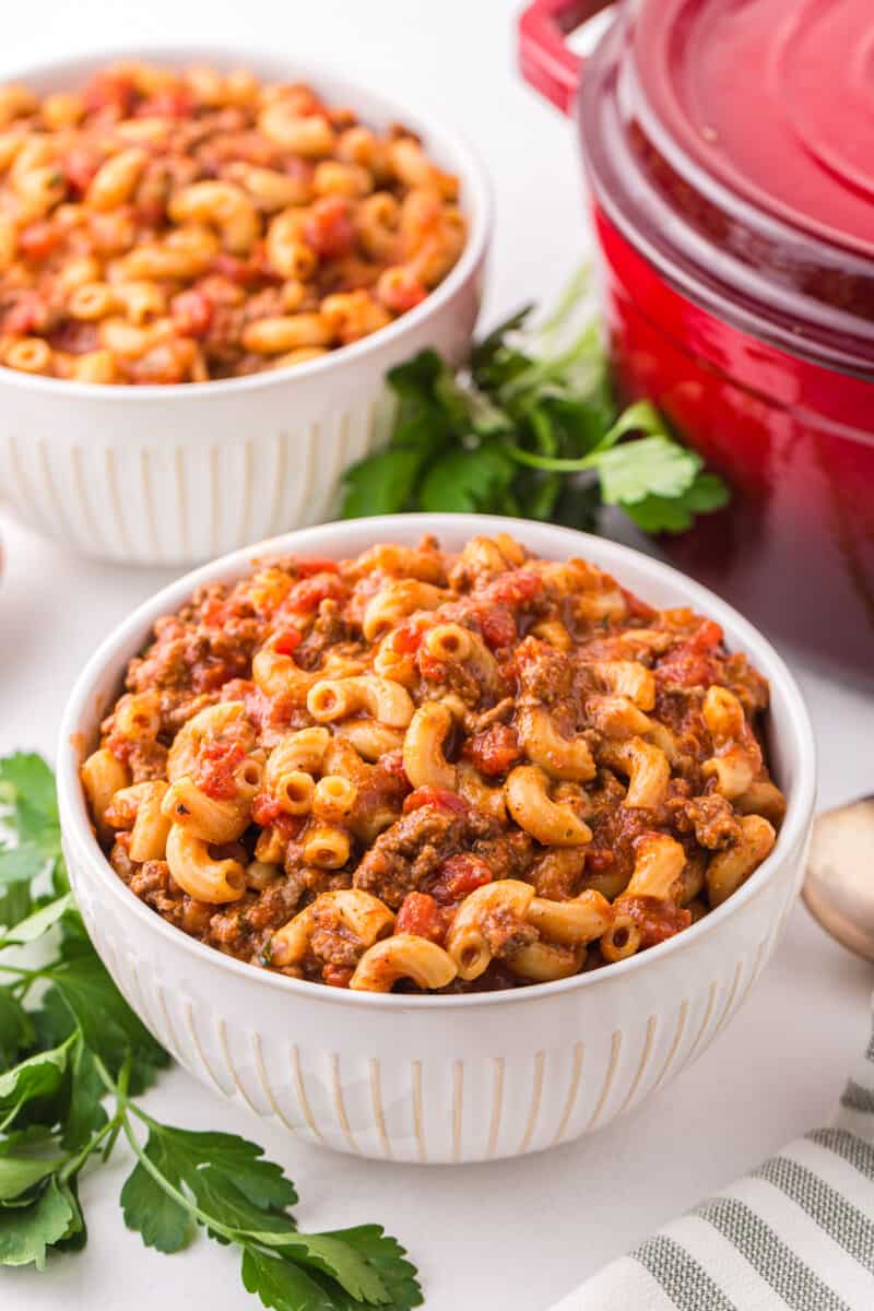 goulash in white bowl